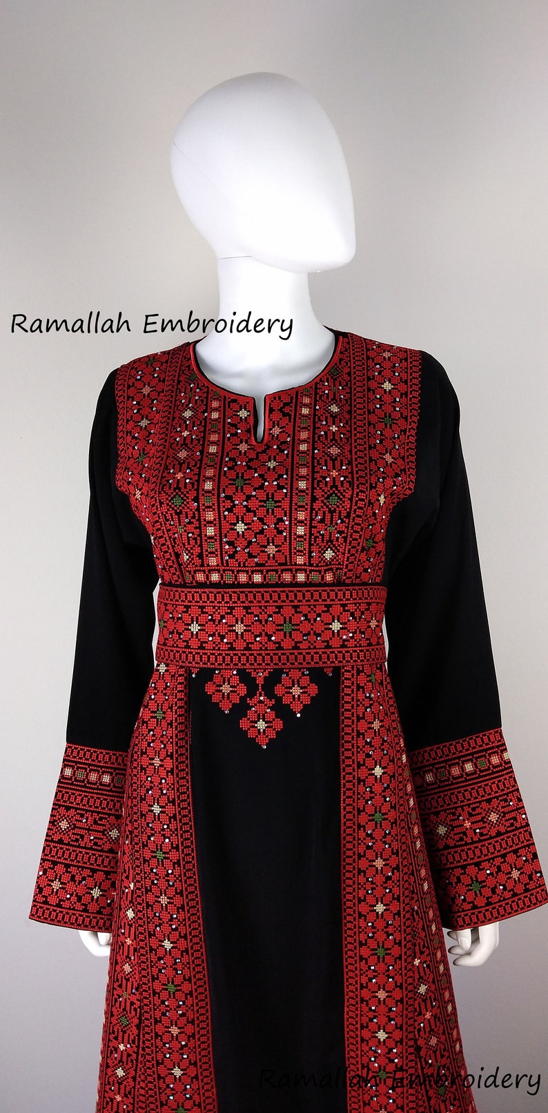 Palestinian Embroidery Thobe Princess Thob Maxi Dress Tatreez Amira Red and Black image 4