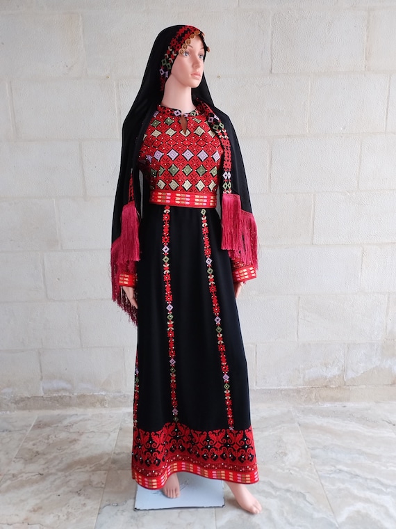 Palestinian Thobe Dress Tatreez Black and Red with Tarha Headpiece Included.
