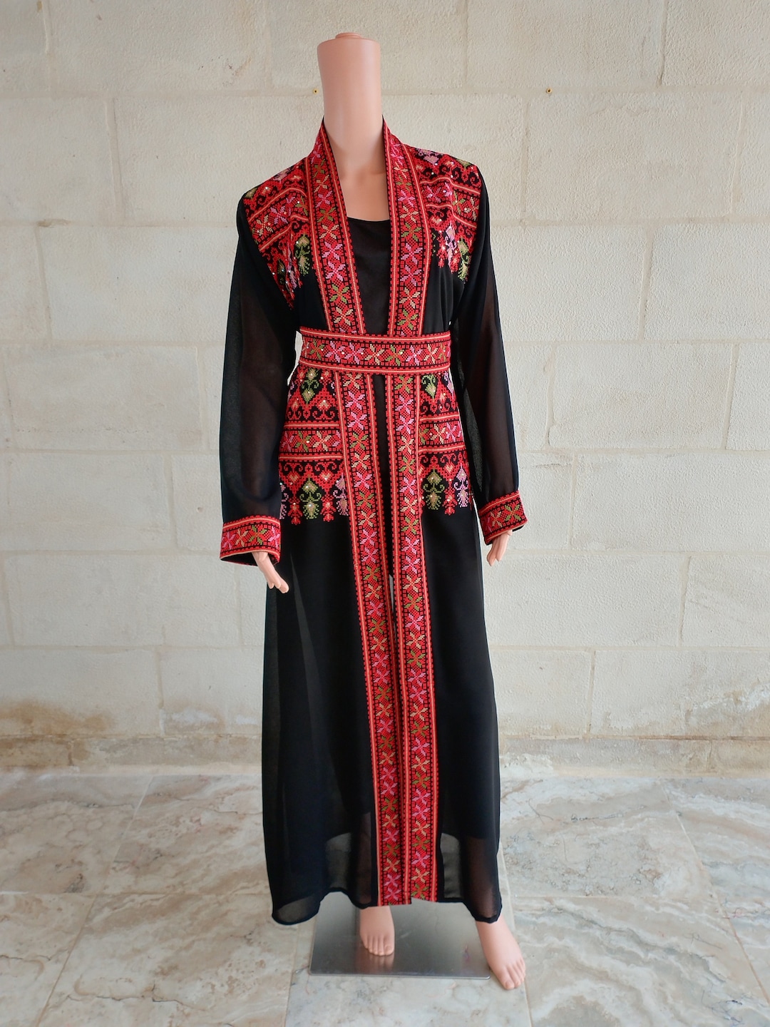 Maha Black Crepe Georgette Abaya/Bisht – Handmade Palestinian Tatreez