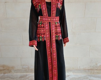 Palestinian Thobe Bisht Abaya Tatreez Design Embroidery on Black and Red.