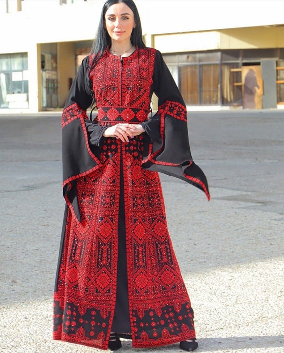 Palestinian Kaftan Thobe Thob Embroidery Black With Red Etsy