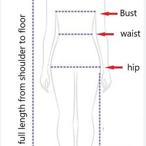 Puede incluir: Diagrama que muestra c&oacute;mo medir las medidas del busto, la cintura y la cadera en un cuerpo femenino. El diagrama tambi&eacute;n muestra c&oacute;mo medir la longitud total desde el hombro hasta el suelo.