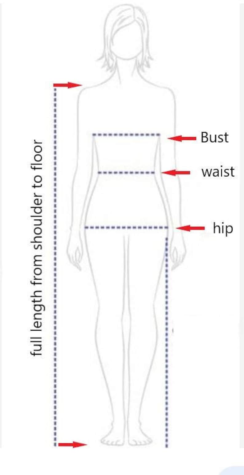Puede incluir: Diagrama que muestra c&oacute;mo medir las medidas del busto, la cintura y la cadera en un cuerpo femenino. El diagrama tambi&eacute;n muestra c&oacute;mo medir la longitud total desde el hombro hasta el suelo.
