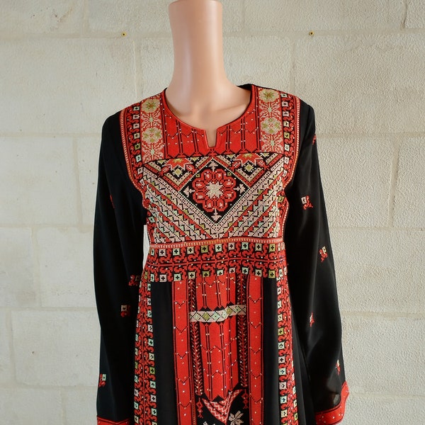 Palestinian Thobe Tatreez Embroidery Black with Red Tatreez Bell sleeves.