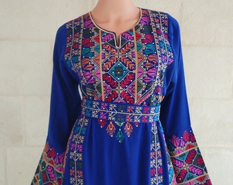 Palestinian Thobe Tatreez Embroidery Front and Back Blue