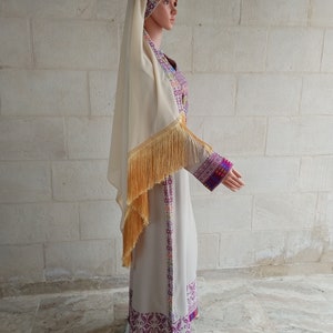 Palestinian Thobe Dress Tatreez Beige with Purple headpiece included. image 2