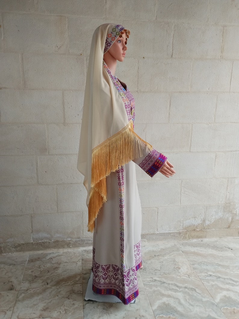 Palestinian Thobe Dress Tatreez Beige with Purple headpiece included. image 2