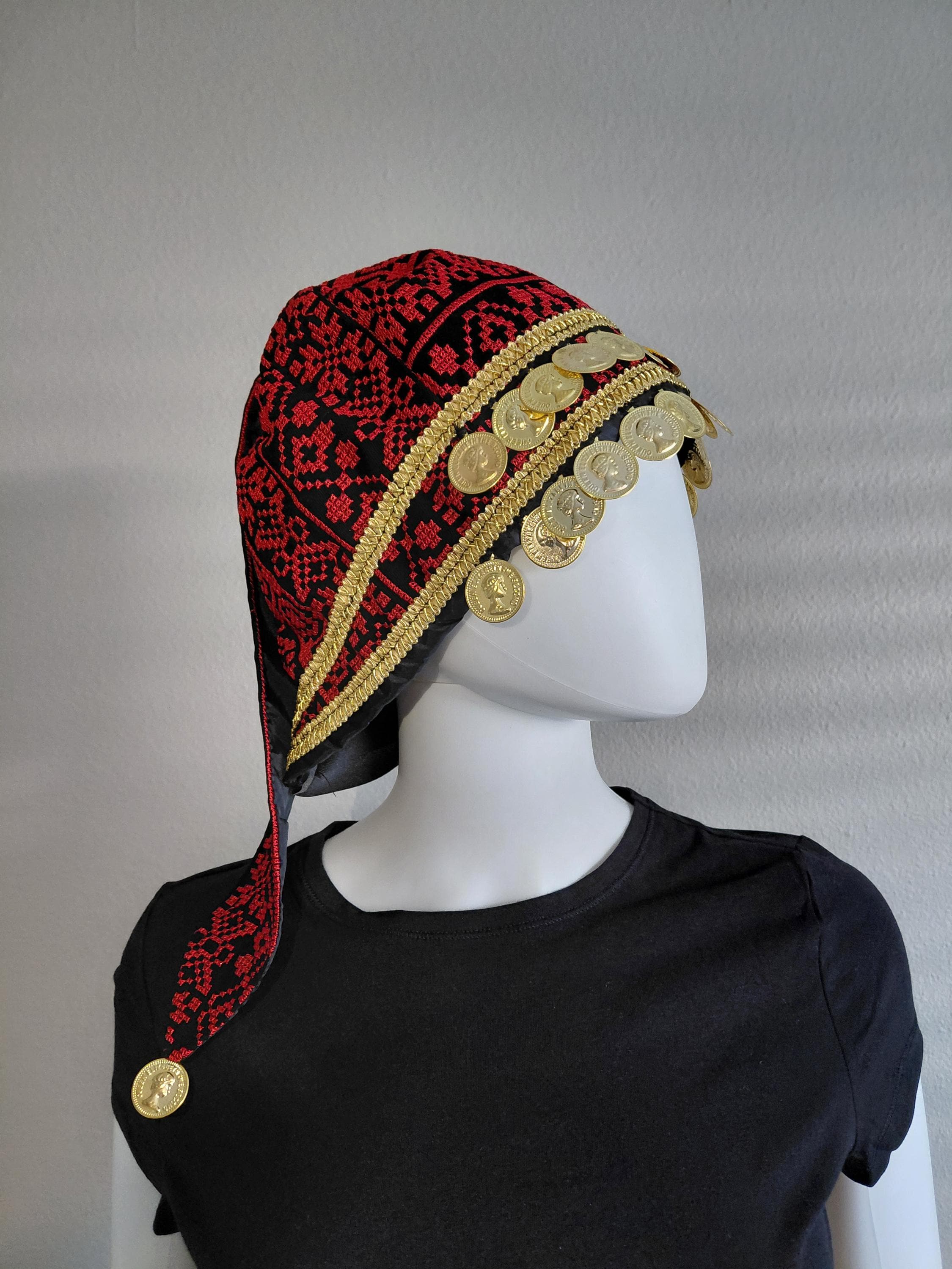 Palestinian Tatreez Embroidered Hat With Coins Red and Black  display picture 2
