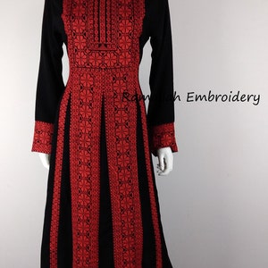 Palestinian Kaftan Thobe Thob Embroidery Black with Red Tatreez Stripes