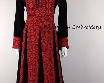 Palestinian Kaftan Thobe Thob Embroidery Black with Red Tatreez Stripes