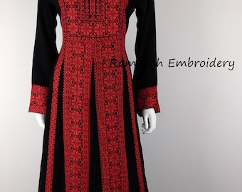 Kaftan palestino Thobe Thob bordado negro con rayas rojas Tatreez