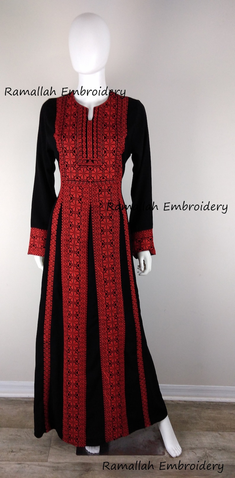 Palestinian Kaftan Thobe Thob Embroidery Black with Red Tatreez Stripes image 1