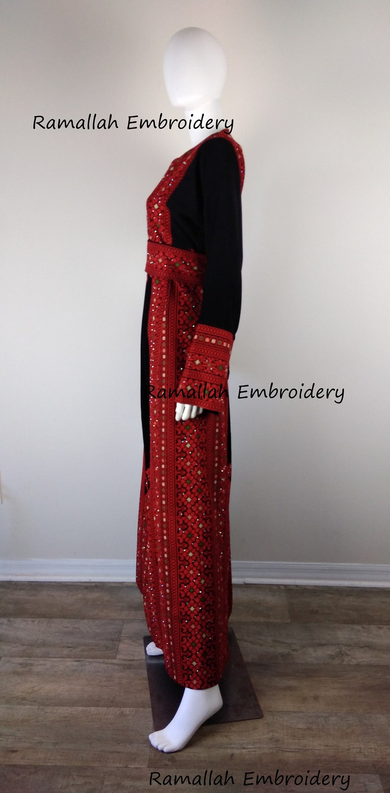 Palestinian Embroidery Thobe Princess Thob Maxi Dress Tatreez Amira Red and Black image 2