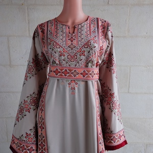 Palestinian Thobe Tatreez Dress Beige and Red Embroidery connect image 5