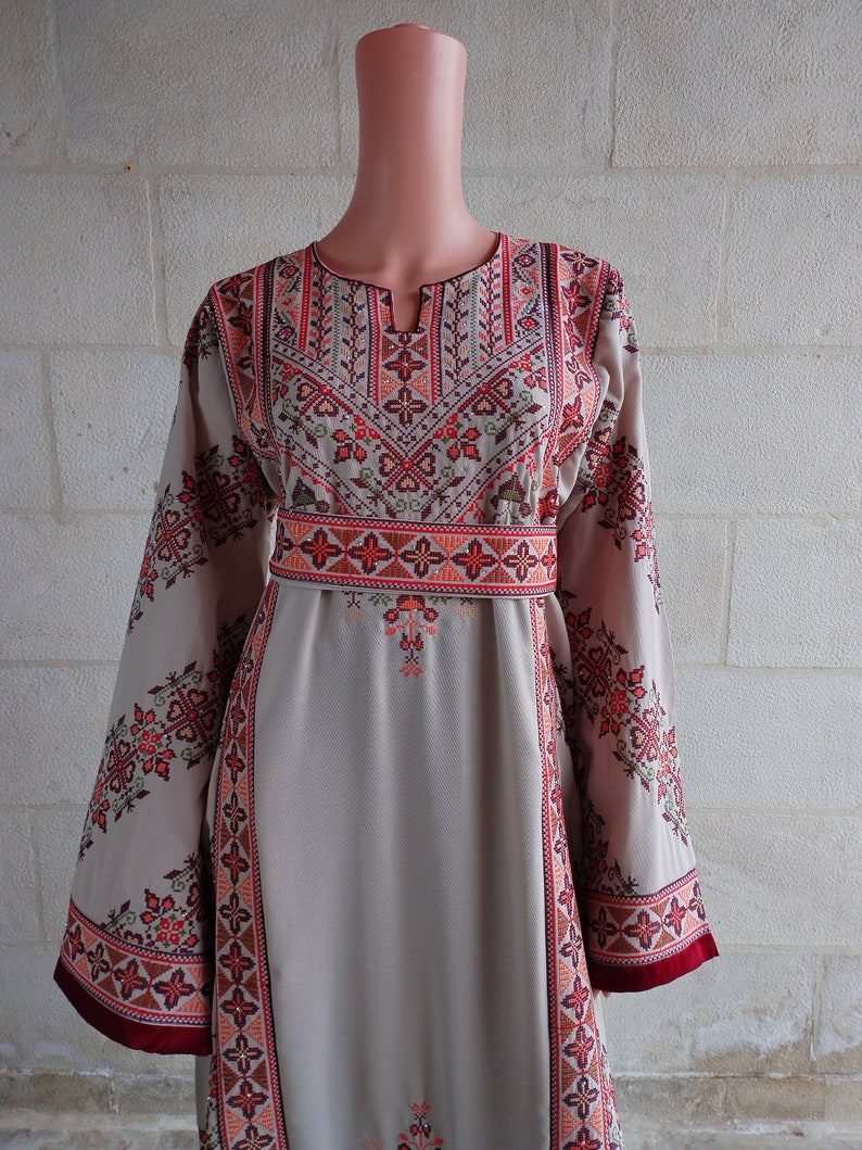 Palestinian Thobe Tatreez Dress Beige and Red Embroidery connect image 5