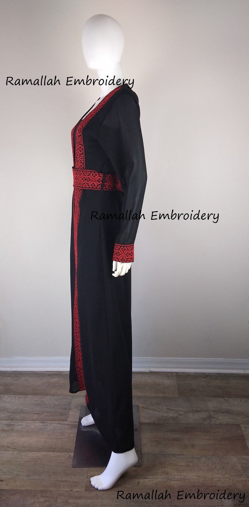 Palestinian Embroidered Open Abaya Black And Red Amazing Bisht See Through image 4