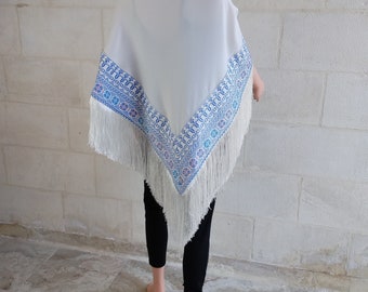 Shawl Palestinian Embroidery White And Blue  Tatreez