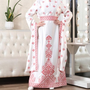 Palestinian Thobe Embroidery Tatreez Maxi Dress White and Red Ruffle Sleeves