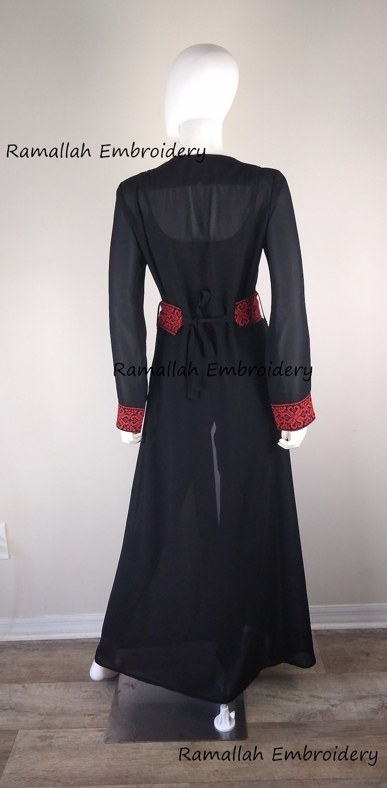 Palestijnse geborduurde open Abaya zwart en rood Amazing Bisht See Through afbeelding 7