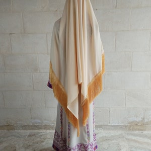 Palestinian Thobe Dress Tatreez Beige with Purple headpiece included. image 7