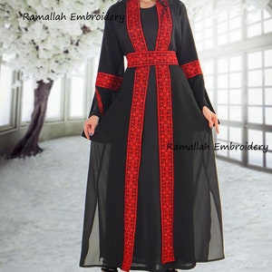 Palestinian Abaya Bisht thobe Tatreez Red and Black with Free Under Dress
