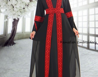 Palestinian Abaya Bisht thobe Tatreez Red and Black