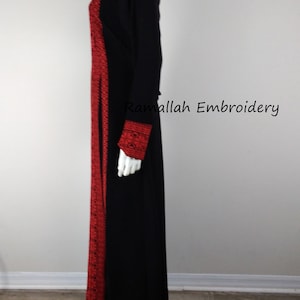 Palestinian Kaftan Thobe Thob Embroidery Black with Red Tatreez Stripes image 3