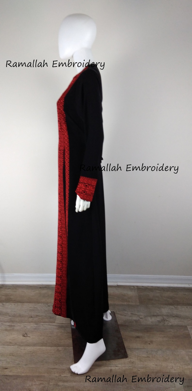 Palestinian Kaftan Thobe Thob Embroidery Black with Red Tatreez Stripes image 3