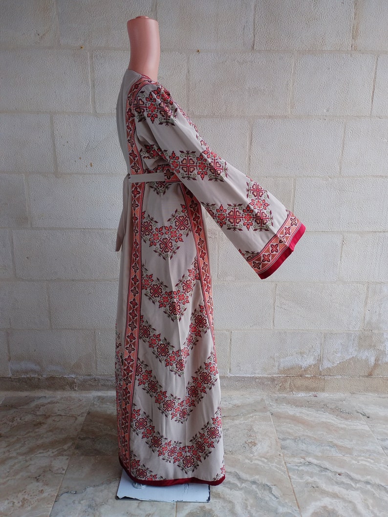 Palestinian Thobe Tatreez Dress Beige and Red Embroidery connect image 6