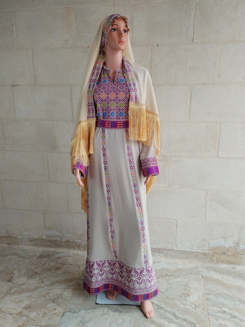 Palestinian Thobe Dress Tatreez Beige with Purple headpiece included. image 1