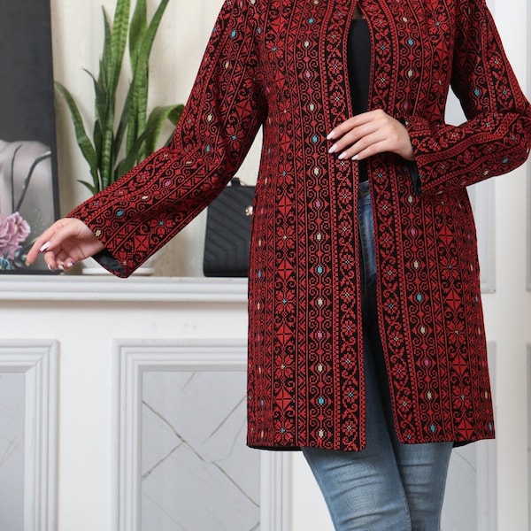 Palestinian Tatreez Embroidery Jacket Black and Red Knee Reach