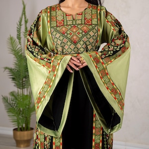 Palestinian Thobe Tatreez Dress Luxury Fellahi Black and Kiwi Green.