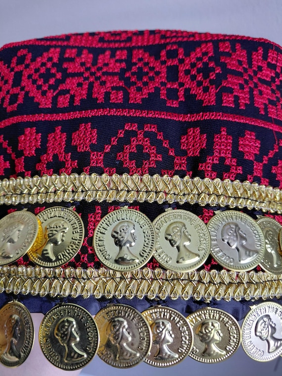 Traditional Embroidered hand stitched Black Velvet and Red Coin Hat Palestinian Tatreez Embroidered Turban Hat With Gold Coins  main image 4