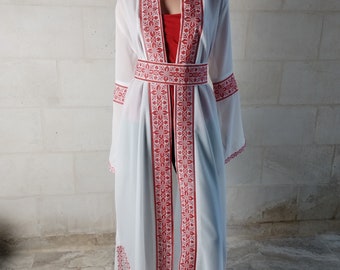 Palestinian Abaya Bisht Thobe White and Red Embroidery