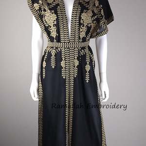 Palestinian thobe One Size Abaya kaftan Black and Golden Embroidery