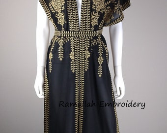 Palestinian thobe One Size Abaya kaftan Black and Golden Embroidery