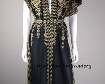 Palestinian thobe One Size Abaya kaftan Black and Golden Embroidery