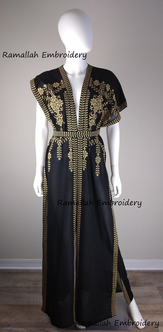Palestinian thobe One Size Abaya kaftan Black and Golden Embroidery