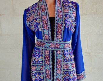 Palestinian Thobe Bisht Abaya Tatreez Design Embroidery on Blue