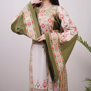 Palestinian Thobe Tatreez Dress Luxury Fellahi Olive Green and Cappuccino.