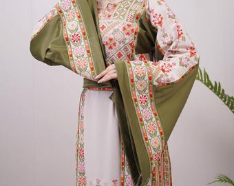 Palestinian Thobe Tatreez Dress Luxury Fellahi Olive Green and Cappuccino.