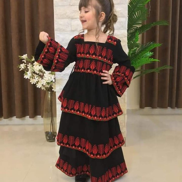 Little Girl Palestinian Embroidered Ruffle Maxi Dress Thobe Kaftan Tatreez.