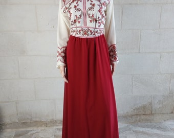 Palestinian Thobe Embroidery Maxi Dress White and Red Flowers