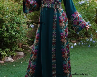 Palestinian Thobe Tatreez Embroidery Green Front and Back Six Strips