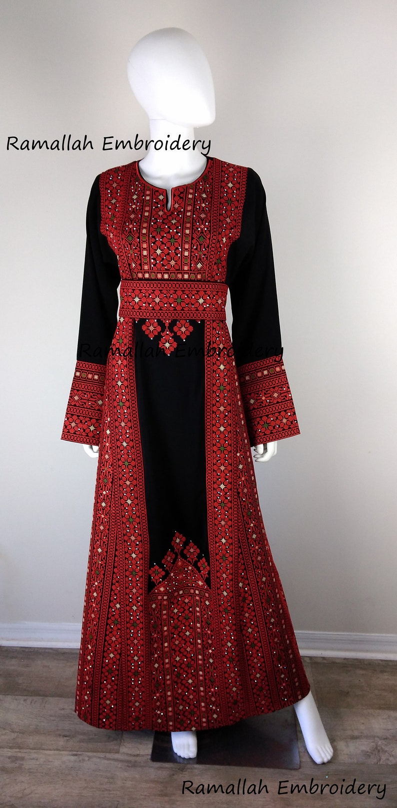Palestinian Embroidery Thobe Princess Thob Maxi Dress Tatreez Amira Red and Black image 6