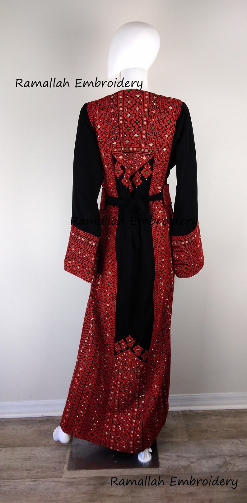 Palestinian Embroidery Thobe Princess Thob Maxi Dress Tatreez Amira Red and Black image 3