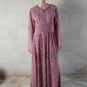 Palestinian Thobe Embroidery Maxi Dress Pink Sunbola with tail.
