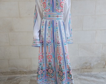Palestinian Thobe Embroidery Tatreez Maxi Dress White and Blue Sailor Design