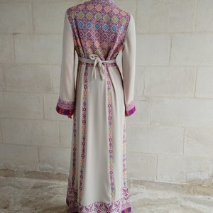 Palestinian Thobe Dress Tatreez Beige with Purple headpiece included. image 3