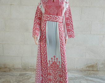 Robe palestinienne Thobe Tatreez, princesse brodée blanche et rouge